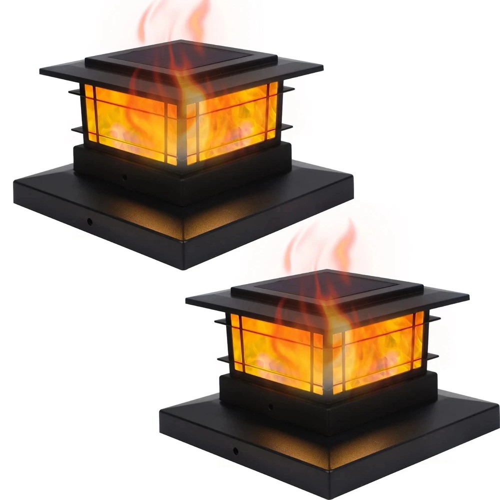 Dynaming 2 Pack Solar Post Cap Lights 2 Flickering Flame Lights, Black