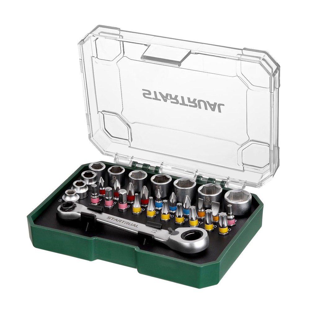 31-Piece 1/4" Mini Ratchet Set, Right Angle Screwdriver, Pass Through Socket, Lo