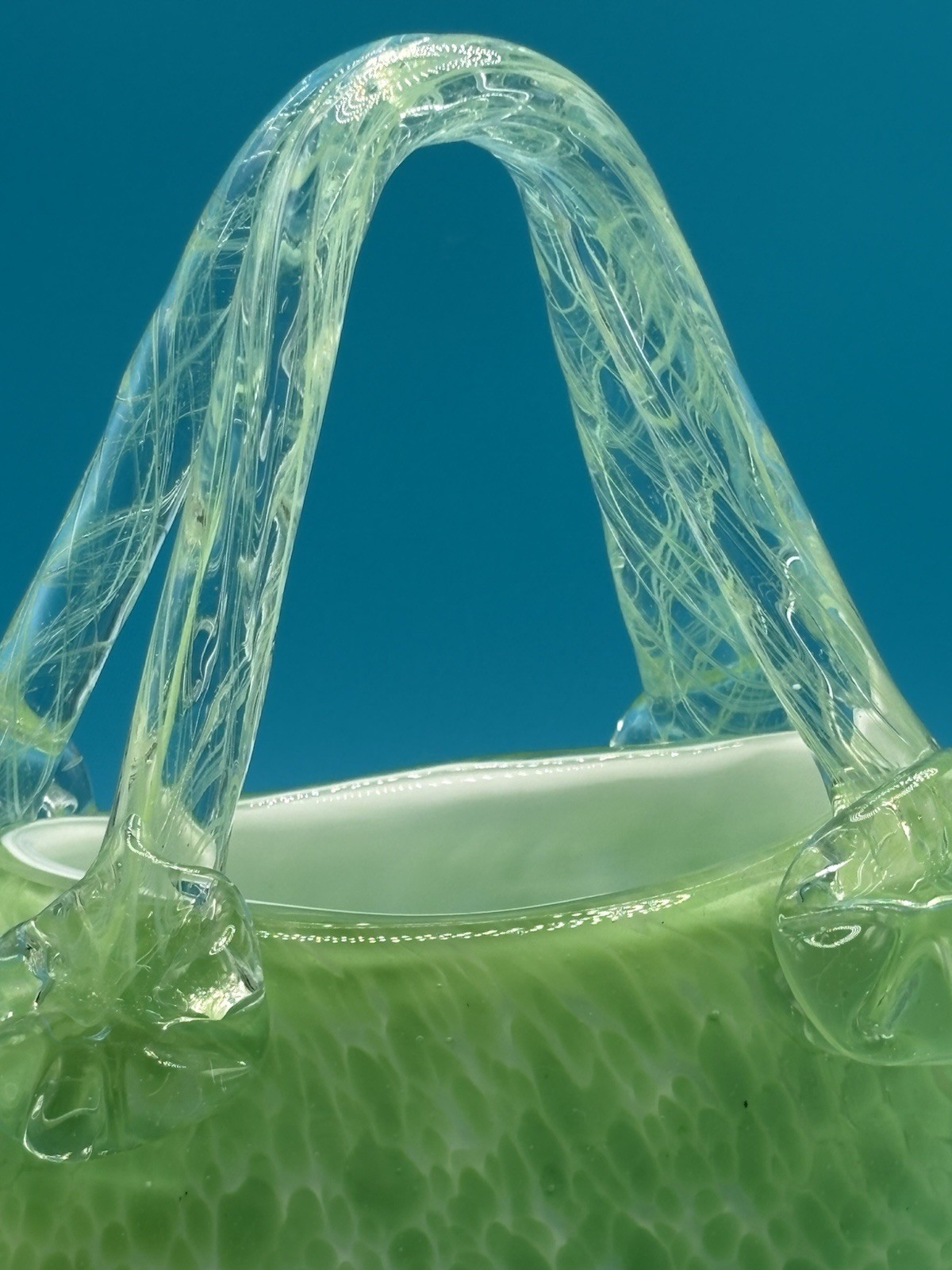 Vintage Hand Blown Art Glass Basket Green Controlled Bubble Murano Style Vase