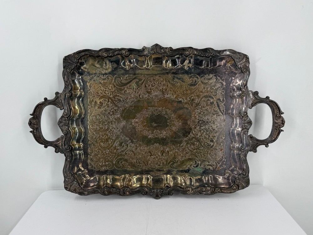 Vintage Silver Plated Copper Silver On Copper Ornate Engraved Serving Tray-25"