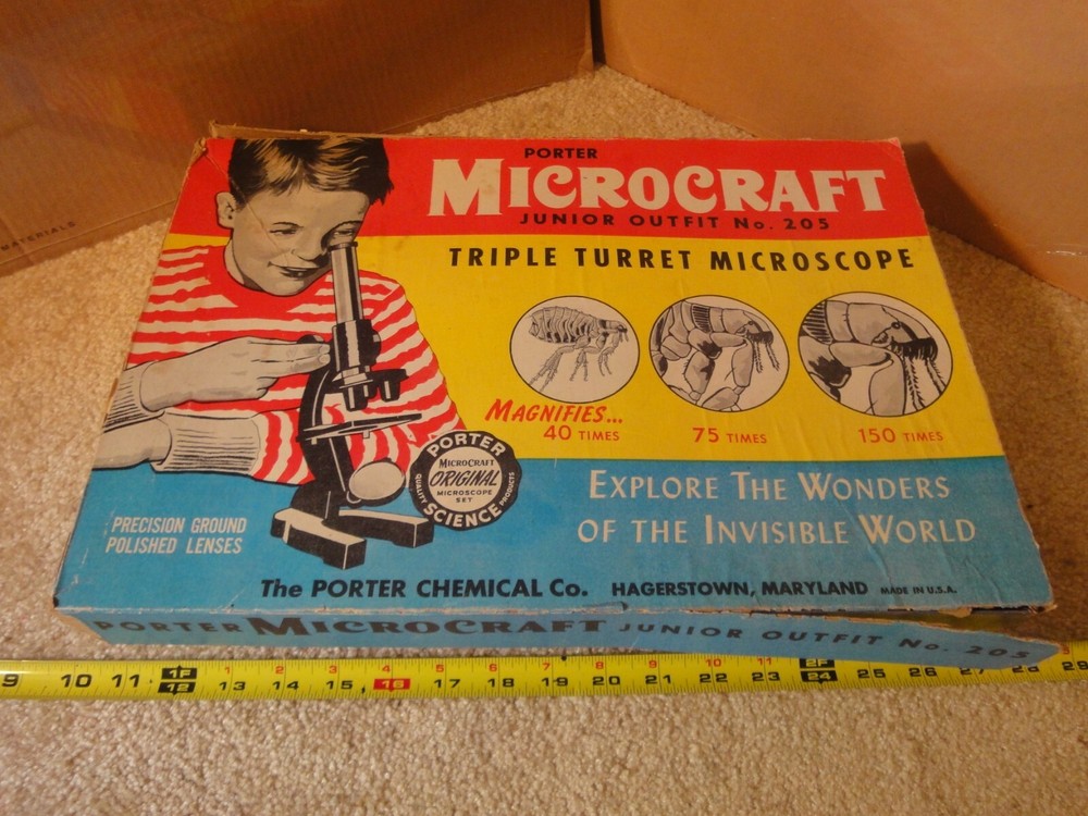 Vintage Porter Chemical, Microcraft, 3 objective microscope set 205, complete!
