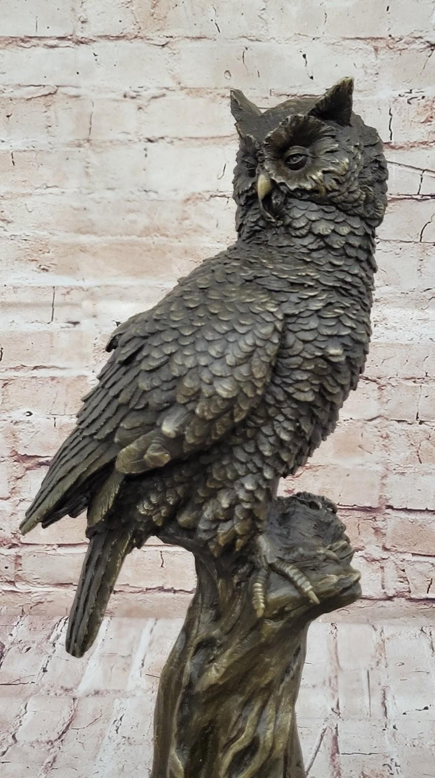 Bronze Statue Owl Marble Base Bird Sculpture Hot Cast Figurine Art Home Gift