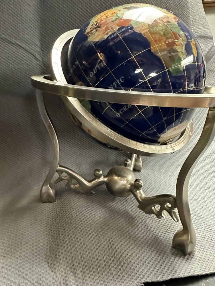 10 Inch Decorative Gemstone Inlaid World Globe With Solid Brass Three.