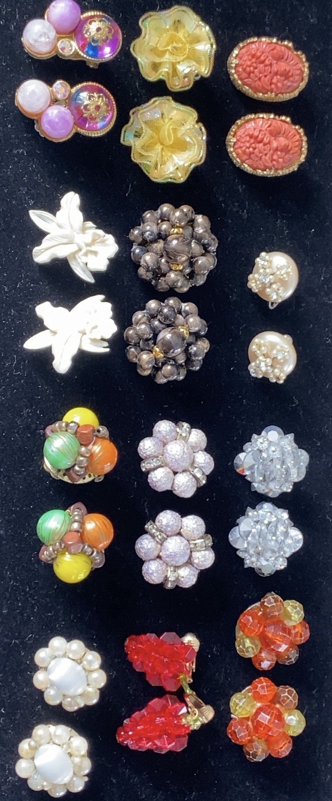 Vintage Bead Earring Lot ~ 12 Stunning Pairs ~ Clip & Screw ~ Flower Rhinestone
