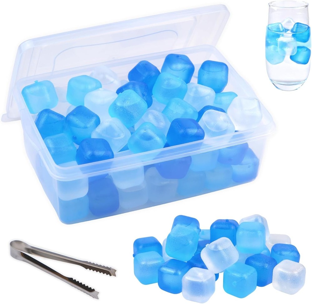 Reusable Ice Cube with Lid & Bin, 60 Pack Plastic White & Blue - 60