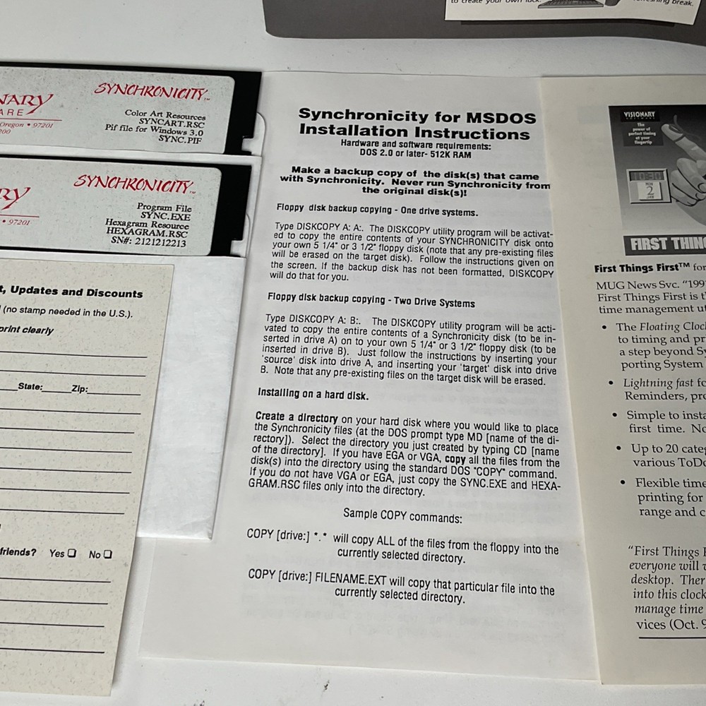 Visionary Software Synchronicity MS DOS Version IBM Compatibles 5.25” Disk