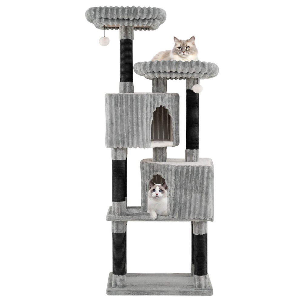 Large Multi-level Cat Tree w/2 Condos, 2 Perch Beds, Scratching Posts, Balls