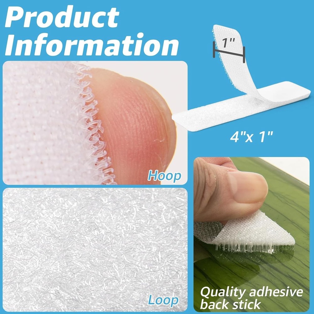 16 Sets Hook and Loop Tape Sticky Back,1 in.x 4 in. Double-Sided Command Adhe...