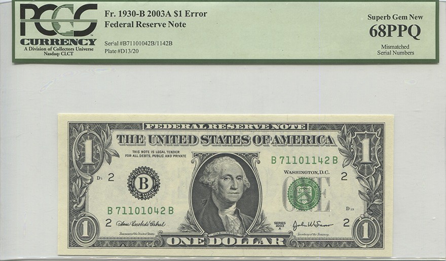 2003A $1 Fr. 1930-B Mismatched Serial Numbers ERROR Consecutive Note PCGS 68PPQ
