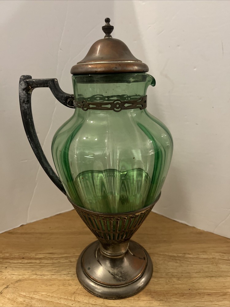 Cresent silver triple plate silver & Green glass pitcher.