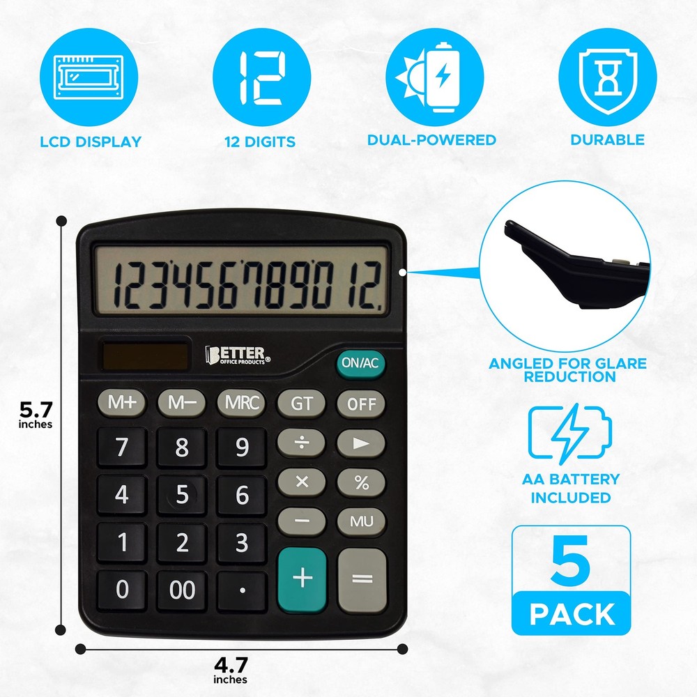 Ts Large Desktop Calculators 5 Pack 12digit Lcd Display Angled Display Panel Sta