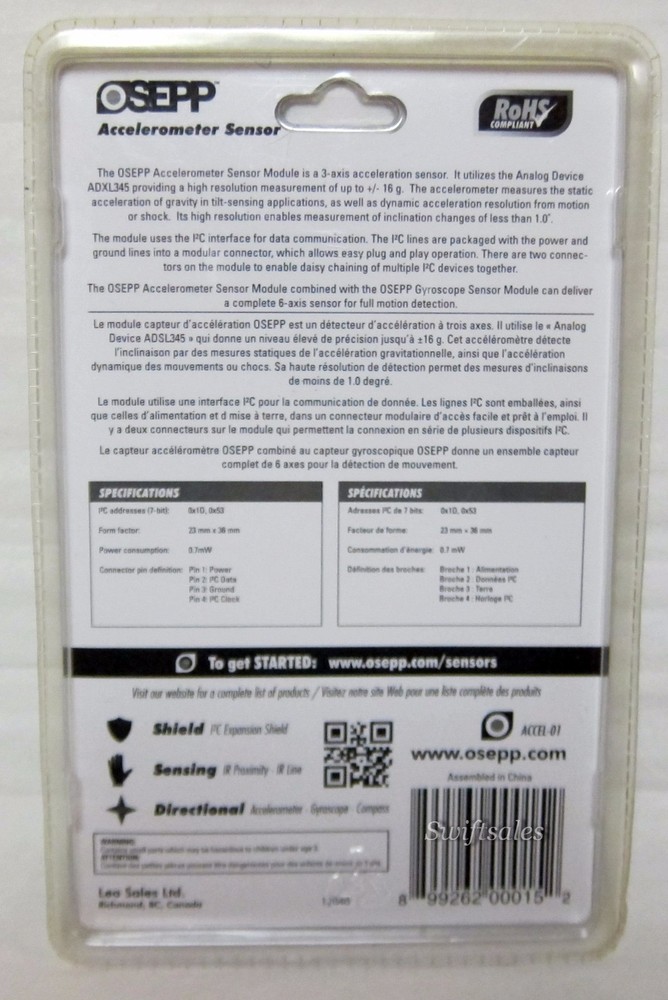 OSEPP ACCEL‑01 Arduino Compatible Accelerometer Sensor Module - New Sealed Pack
