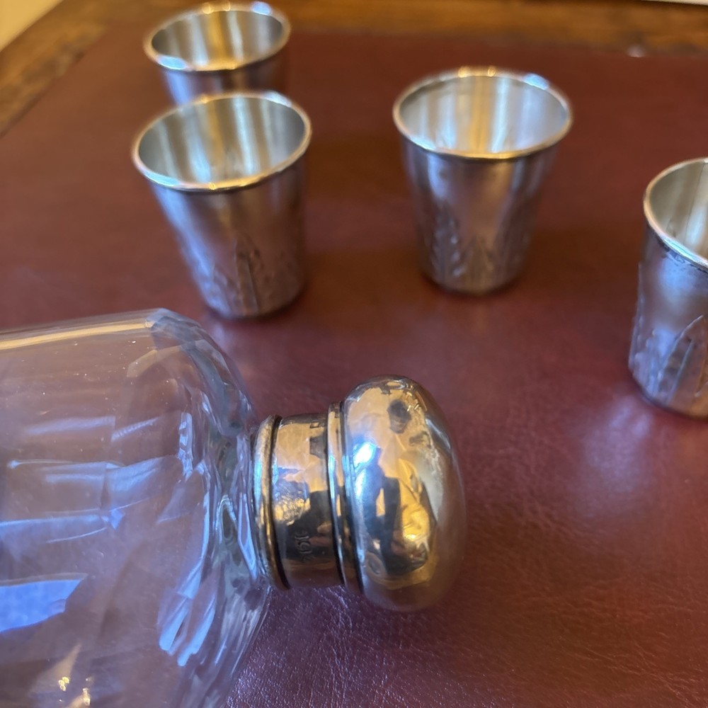 Solid silver hip flask c1900 & Six Antique Continental Solid Silver Shot Cups