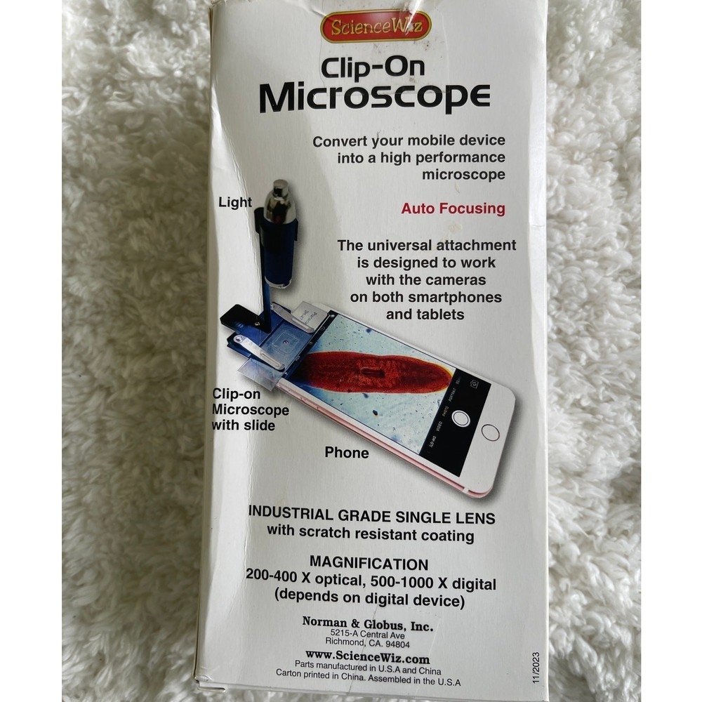 ScienceWiz Clip On Microscope Mobile Device Into High Performance Single Lens