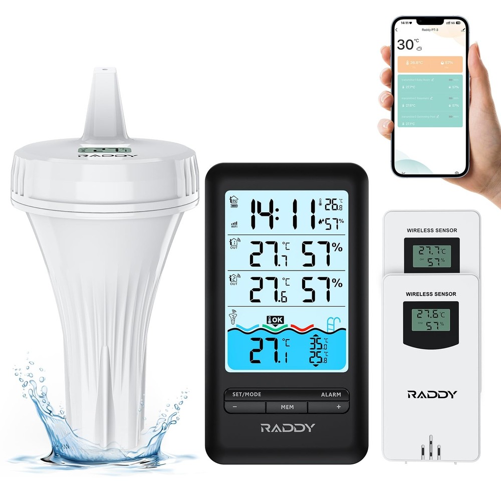 PT-3 Wi-Fi Pool Thermometer Floating Easy Read with 2 Additional Remote Senso...