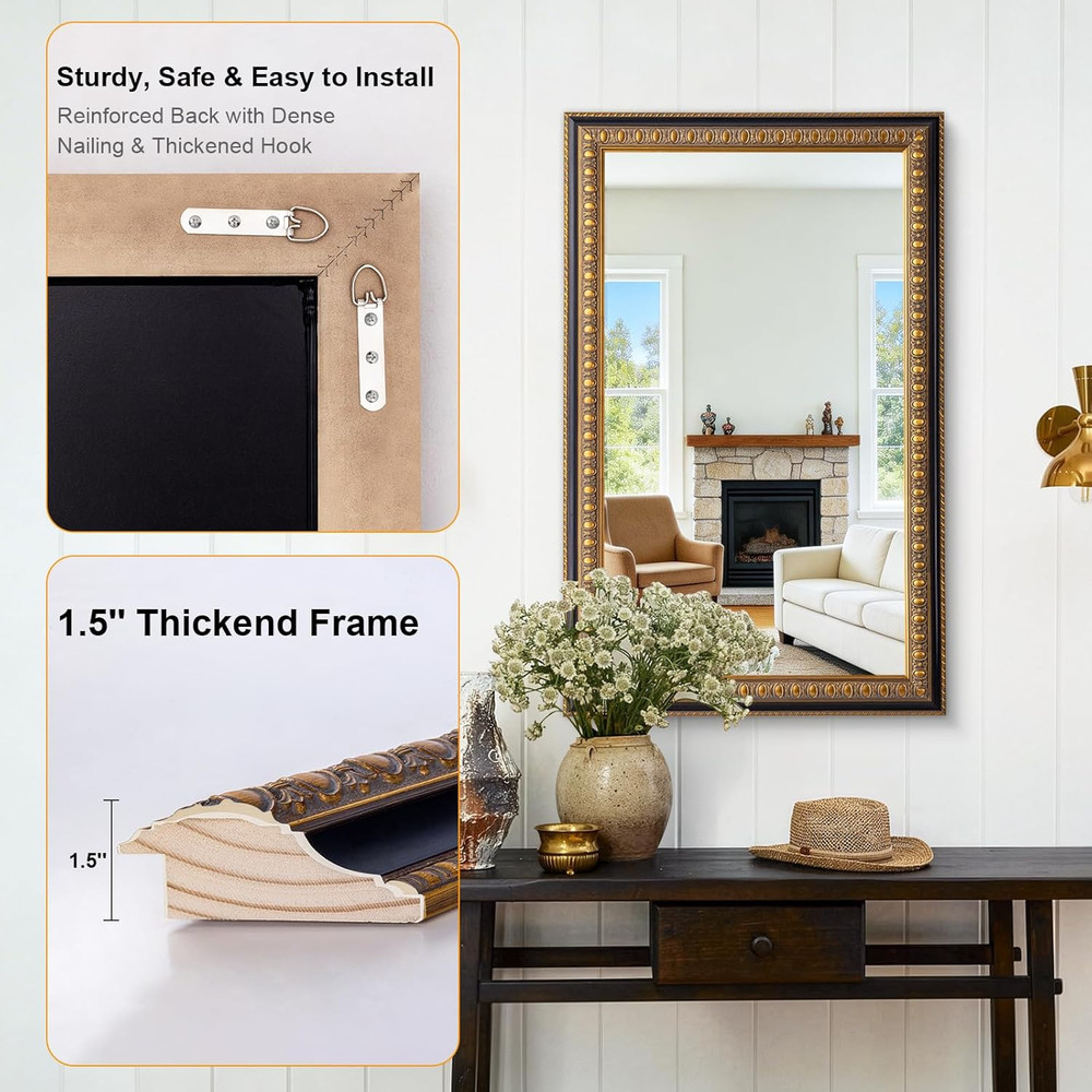 Baroque Vintage Gold Wall Mirror, 43" x 27" Decorative Rectangular Frame
