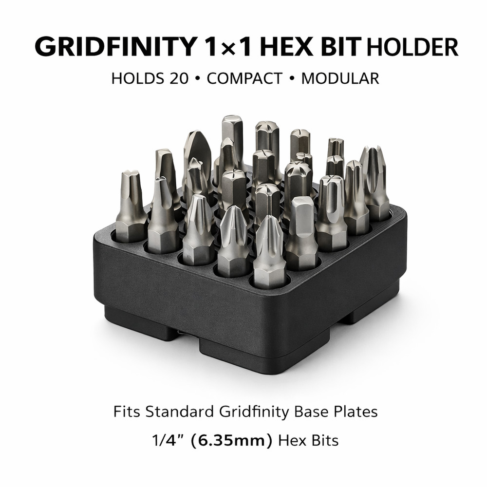 Gridfinity 1x1 Hex Bit Holder – Holds 20 – 1/4” Hex Bit Organizer – Modular