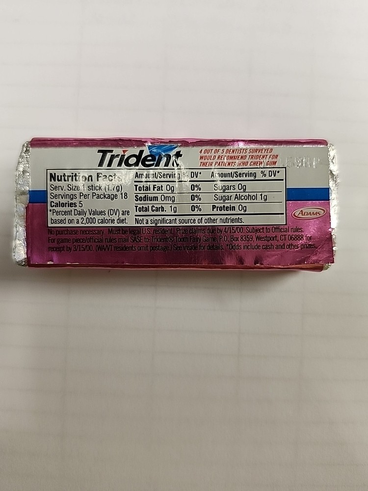 Trident Sugarless Bubble Gum, Vintage, Sealed Pack
