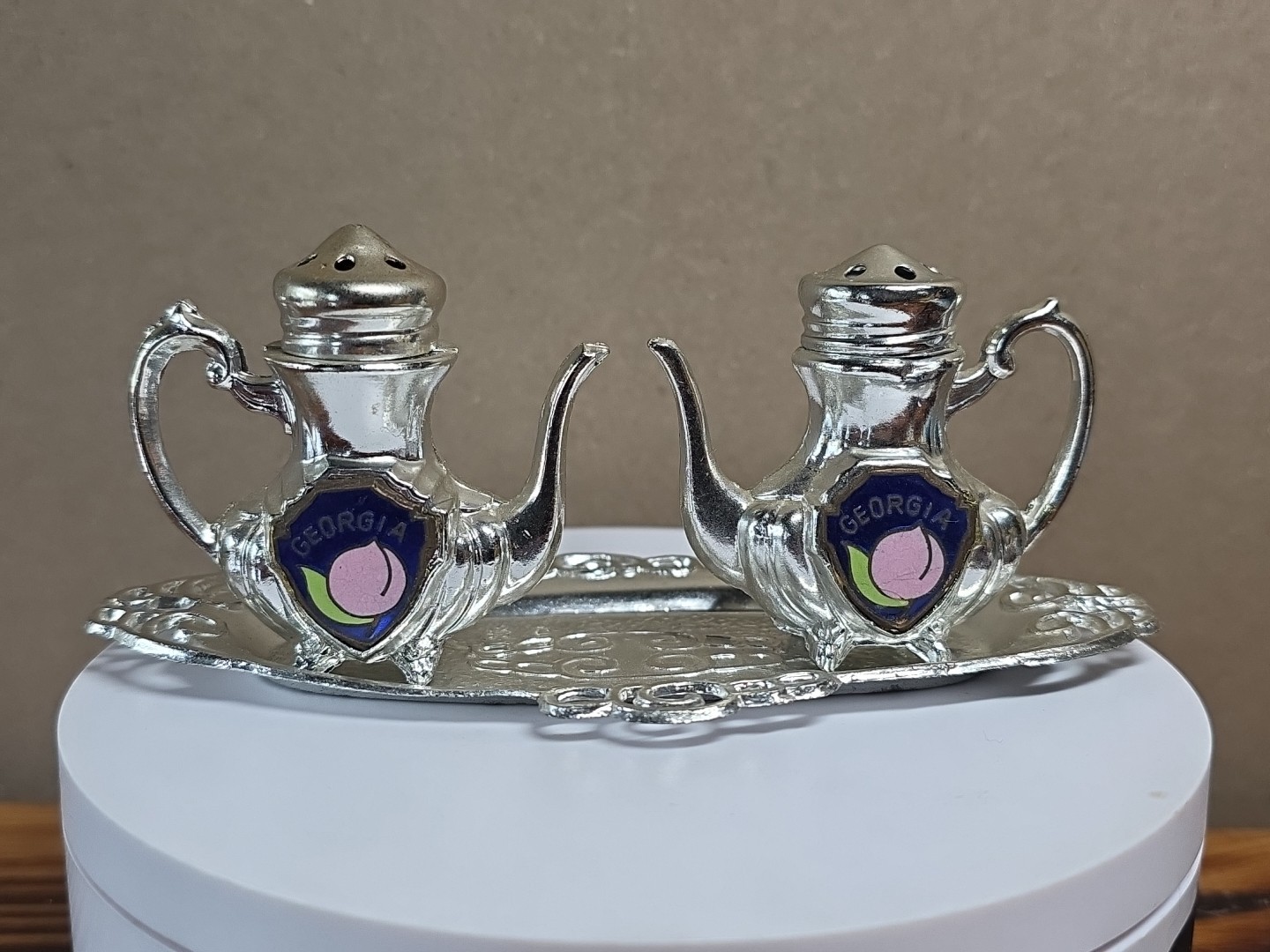 Vintage 1960s-70s Salt & Pepper Shakers Tea Set w/ Serving Tray Georgia