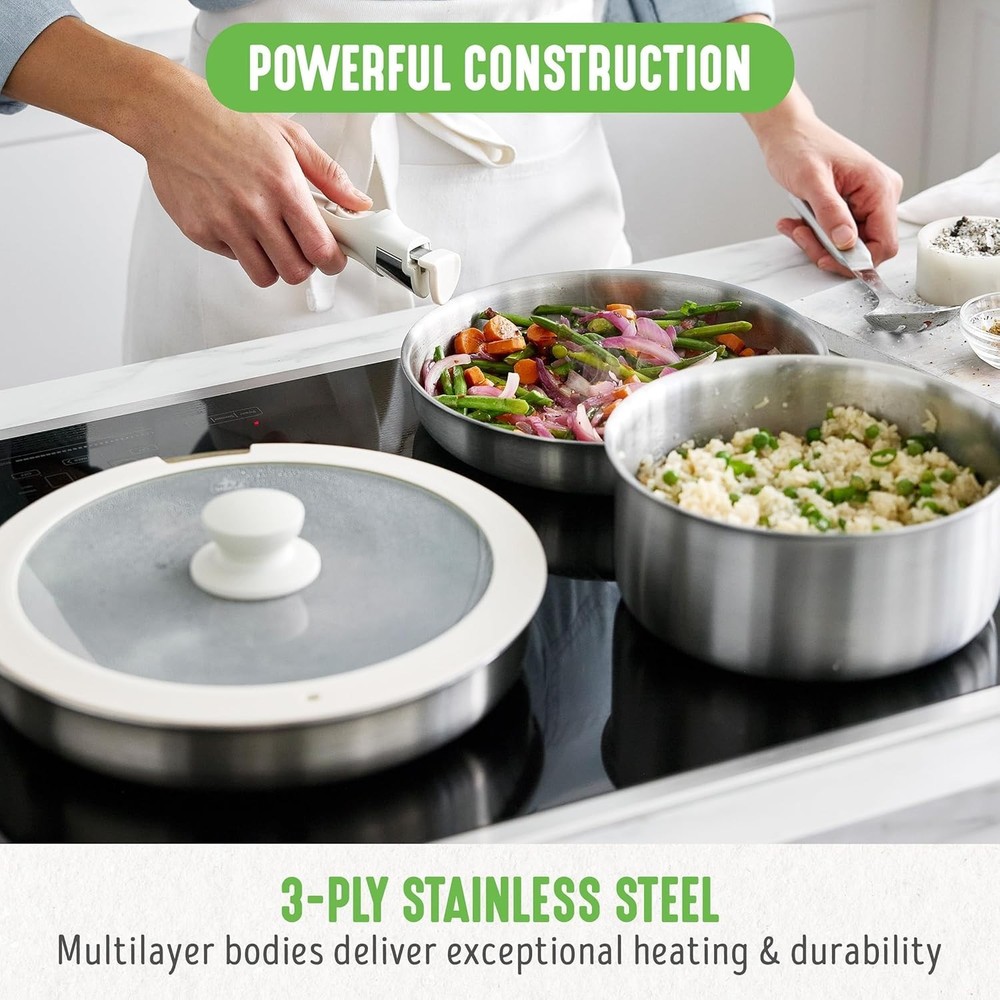 10 Piece Stainless Steel Pots and Pans, Detachable & Stackable Kitchen Set, Tri