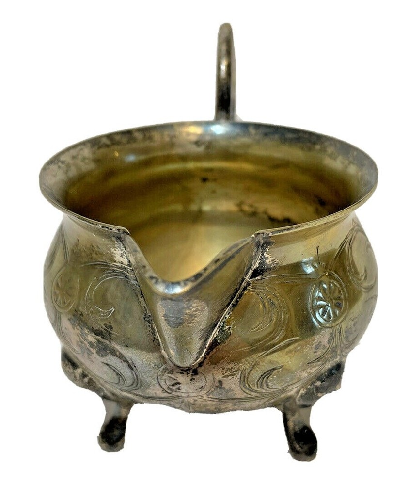 E.P.N.S. India Footed Small Cream Pitcher with Handle Silver Embossed Decorated