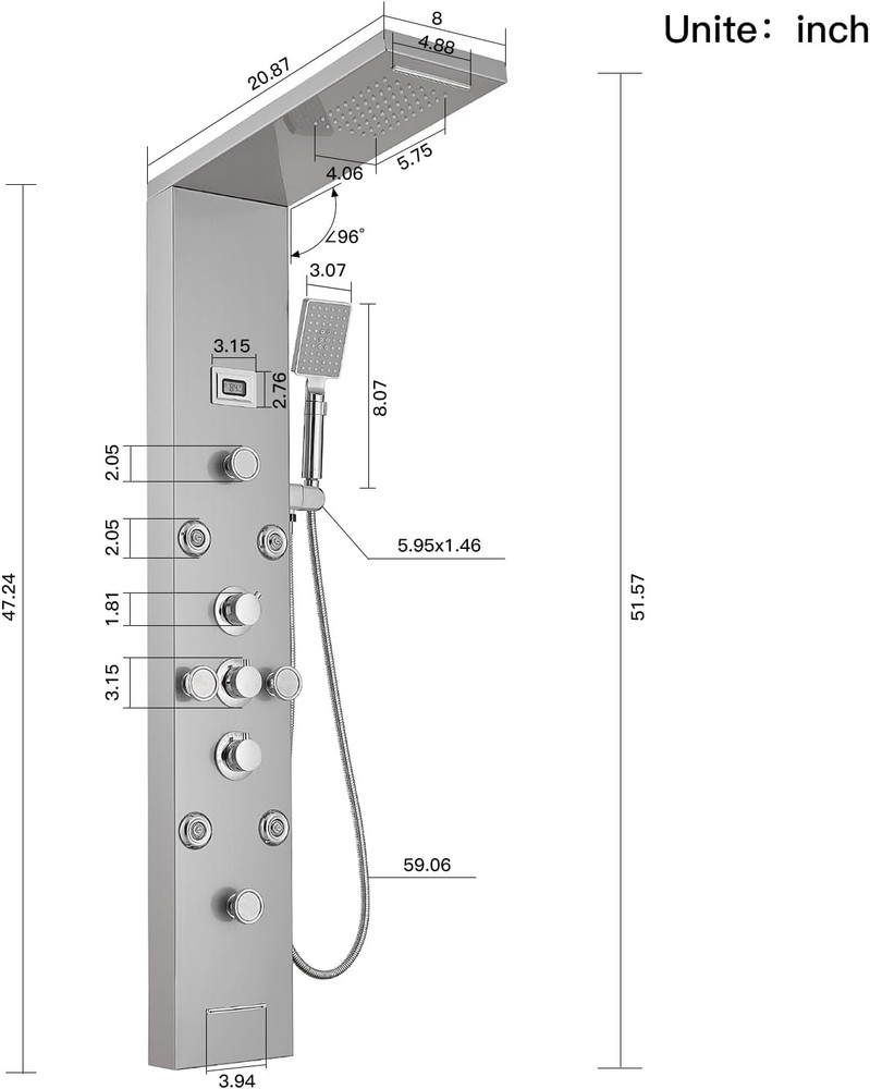 Shower Panel Tower System with Rainfall Waterfall Head and Adjustable Massage Bo