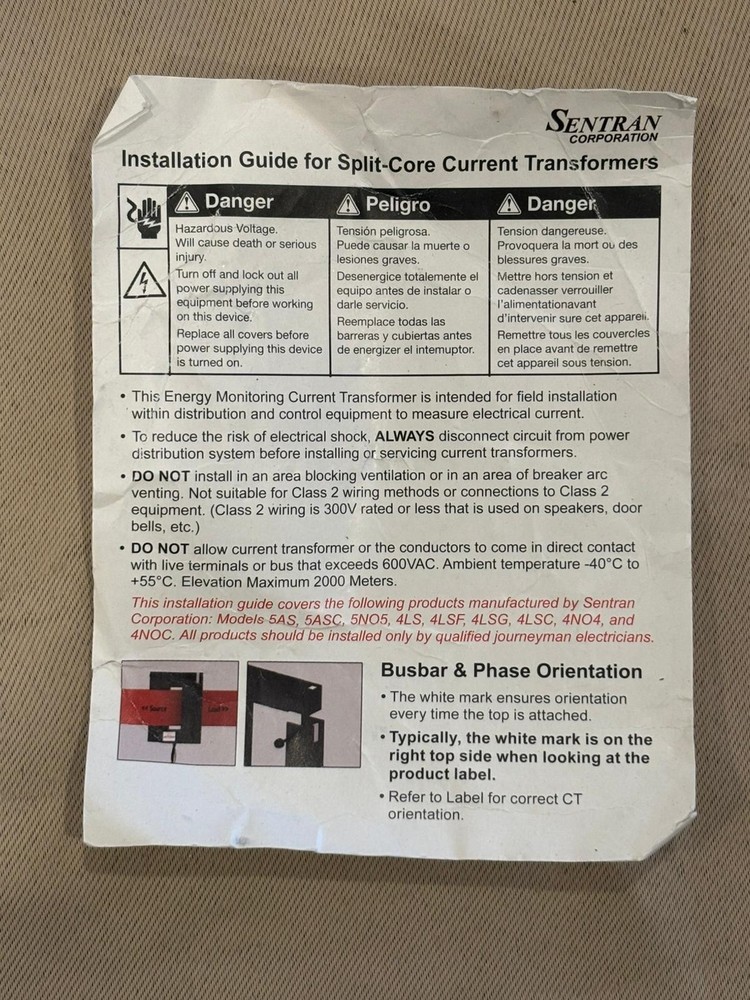 Sentran Split-Core Current Transformer CT Installation Guide Manual New