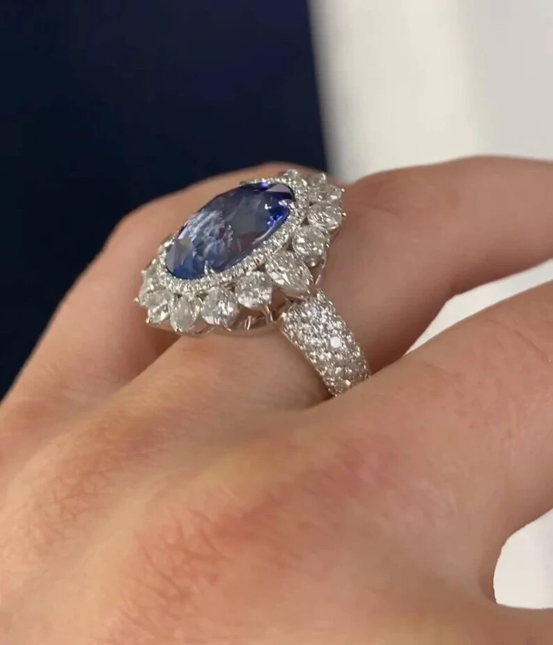 6.00 Ct Natural Sapphire Diamond Engagement Wedding Ring 14K White Gold Size 6