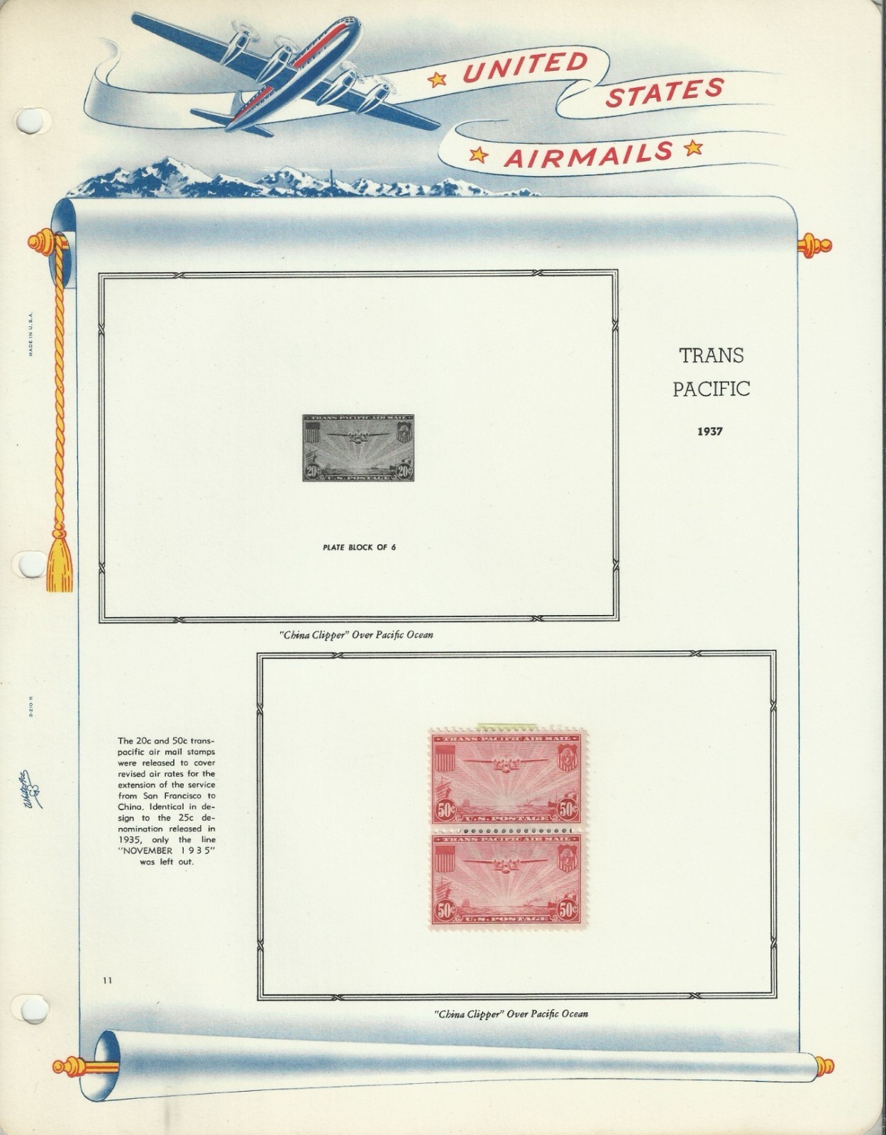 USA Stamps: Air Mail Plate Blocks & Singles on White Ace Album Pages. SCV $350+