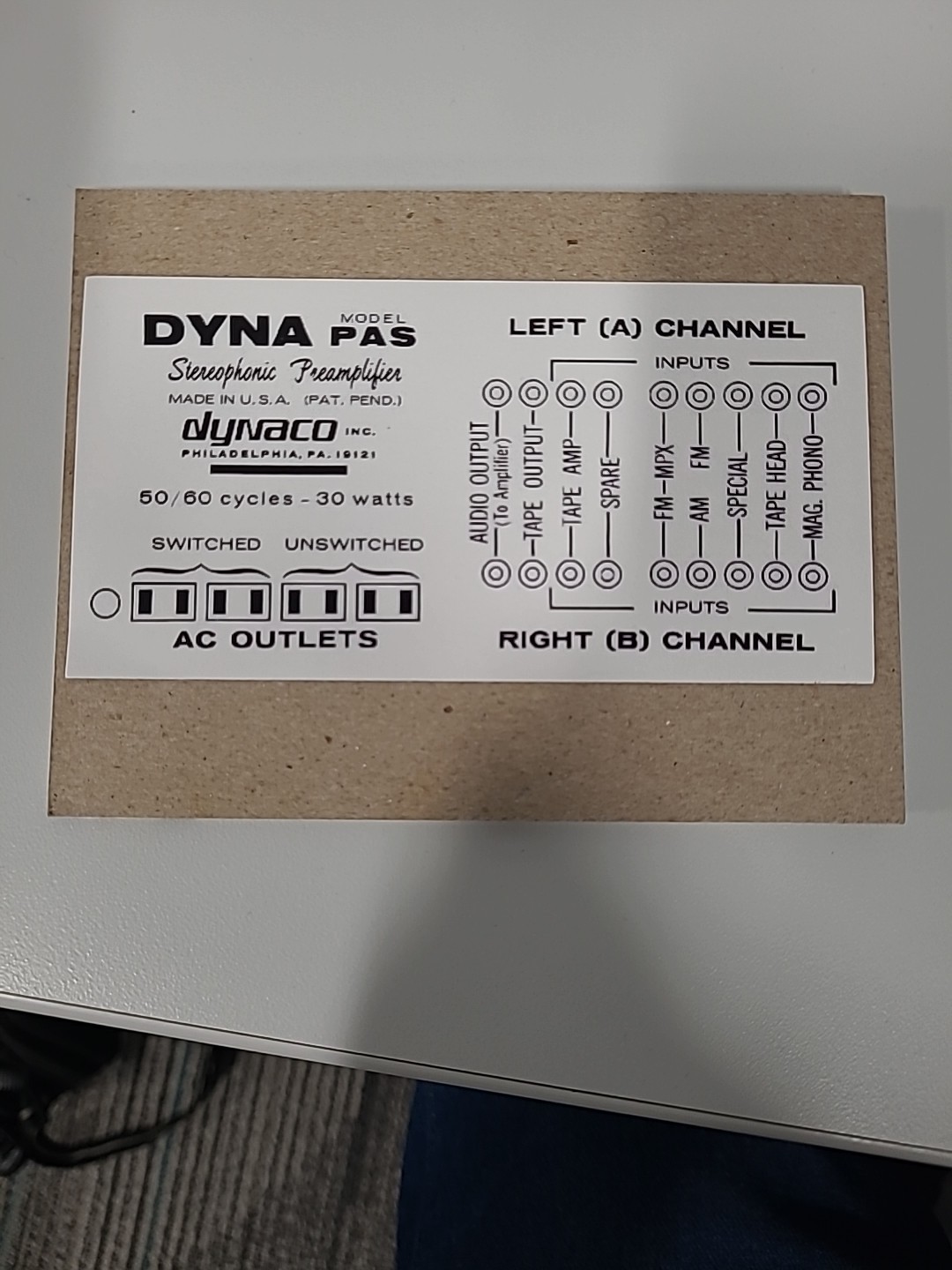 Dynaco Pas Preamp   Rear Label  Peel and Stick