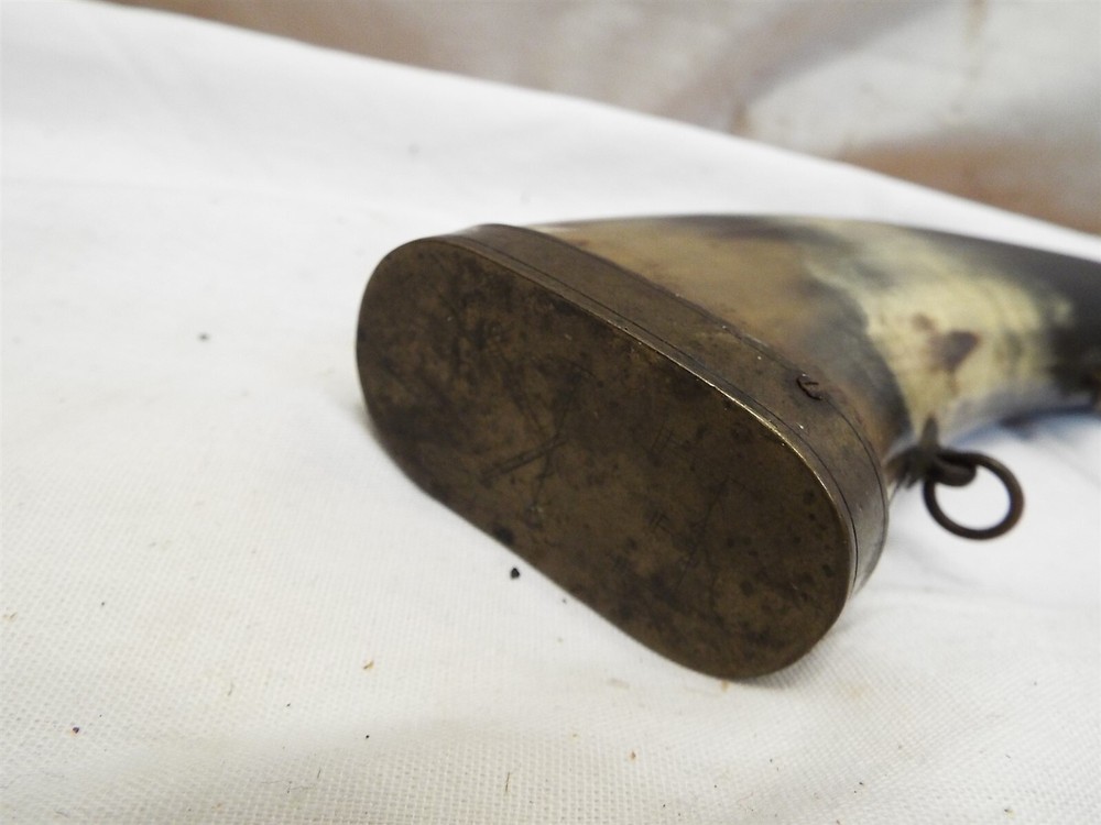 Antique Brass & Steer Horn Black Powder Flask Compact Small Muzzleloader Hunting