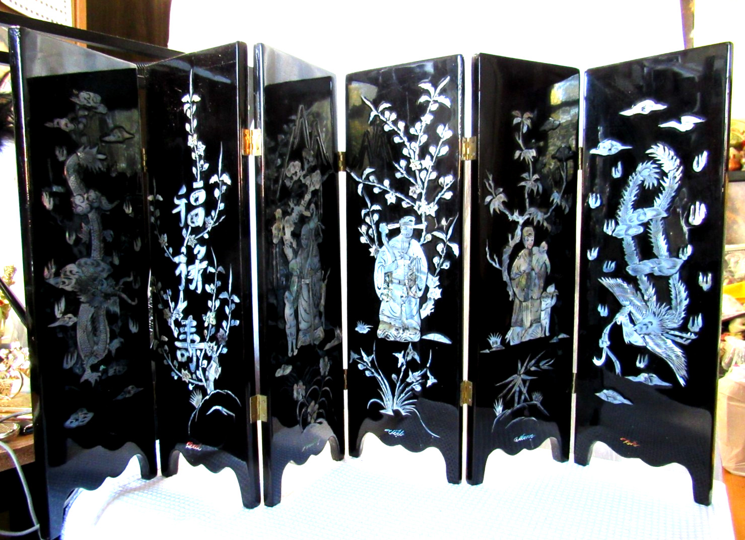 Asian 6 Panel 2 Side Lacquer Wood MOP Abalone Gold Fish Screen Divider 14"x28"