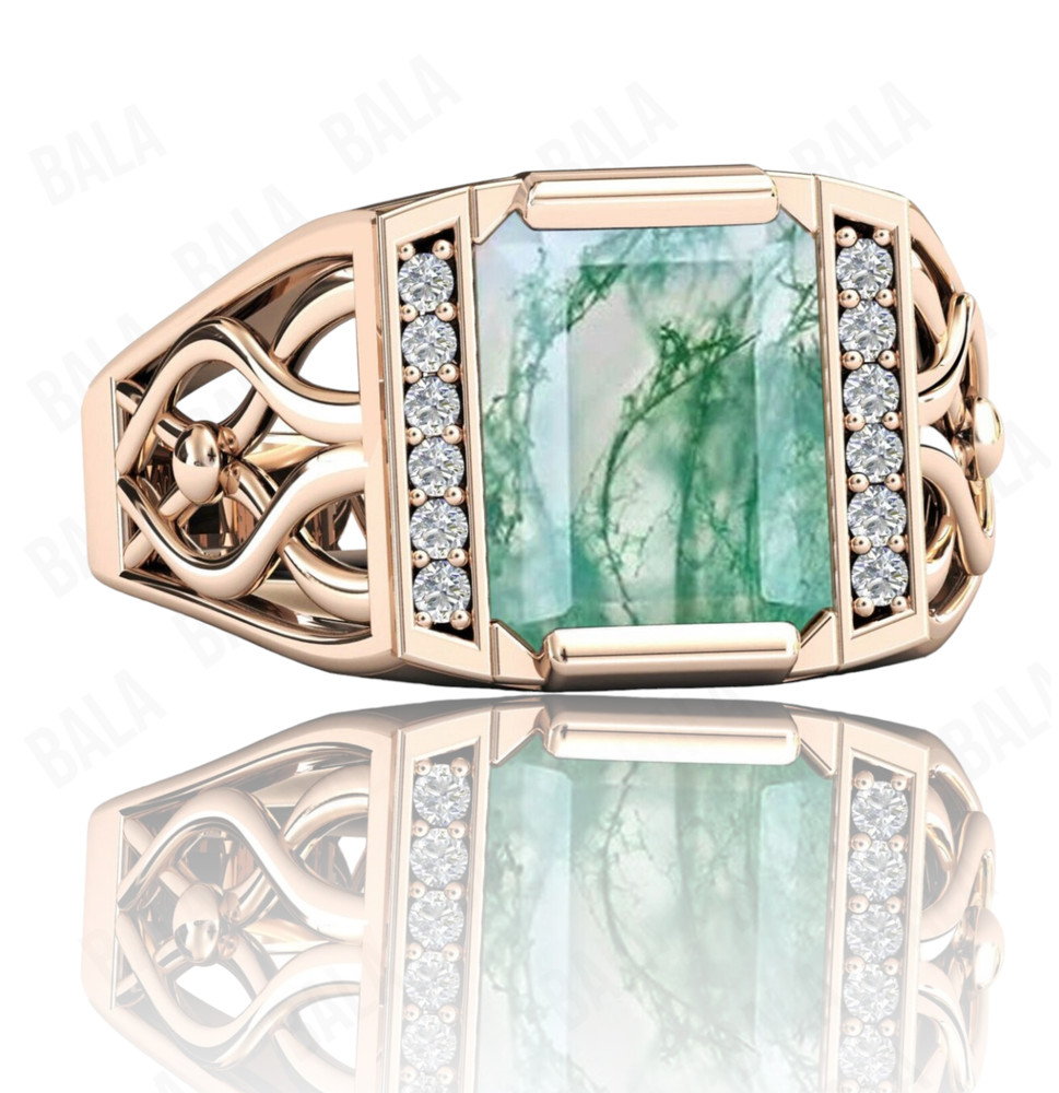 Handmade 925 Sterling Silver Moss Agate Ring, Rectangular Gothic Statement Ring