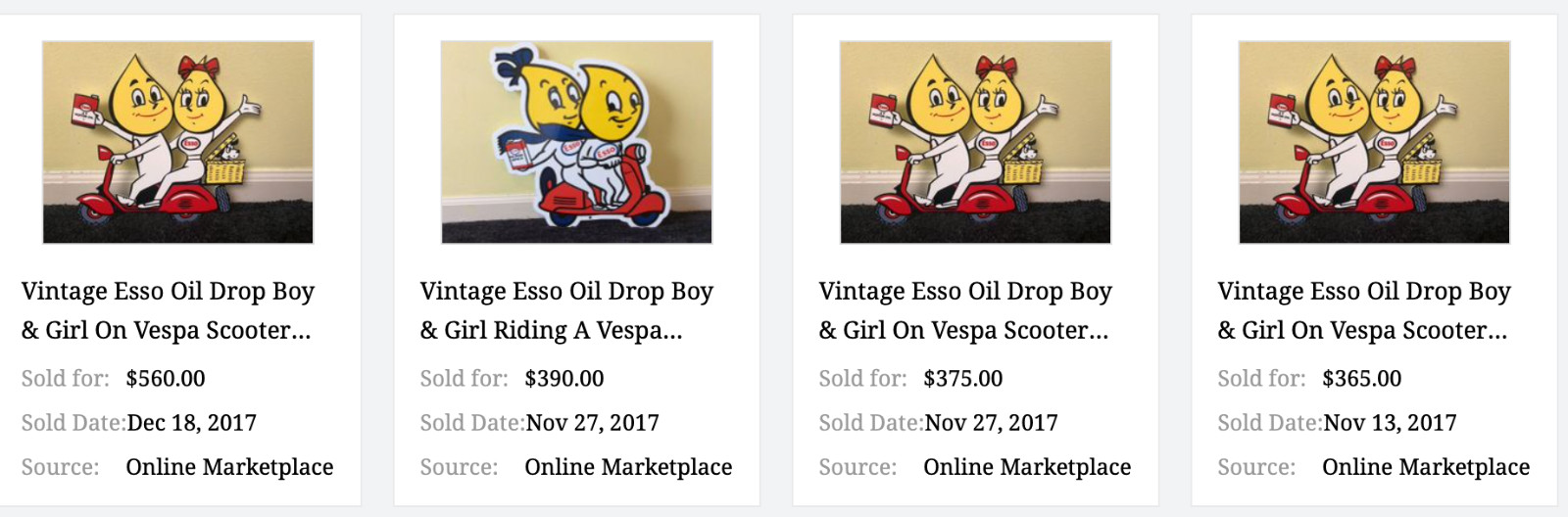 VINTAGE ESSO OIL DROP BOY & GIRL ON VESPA SCOOTER W/ DOG 12" METAL GASOLINE SIGN