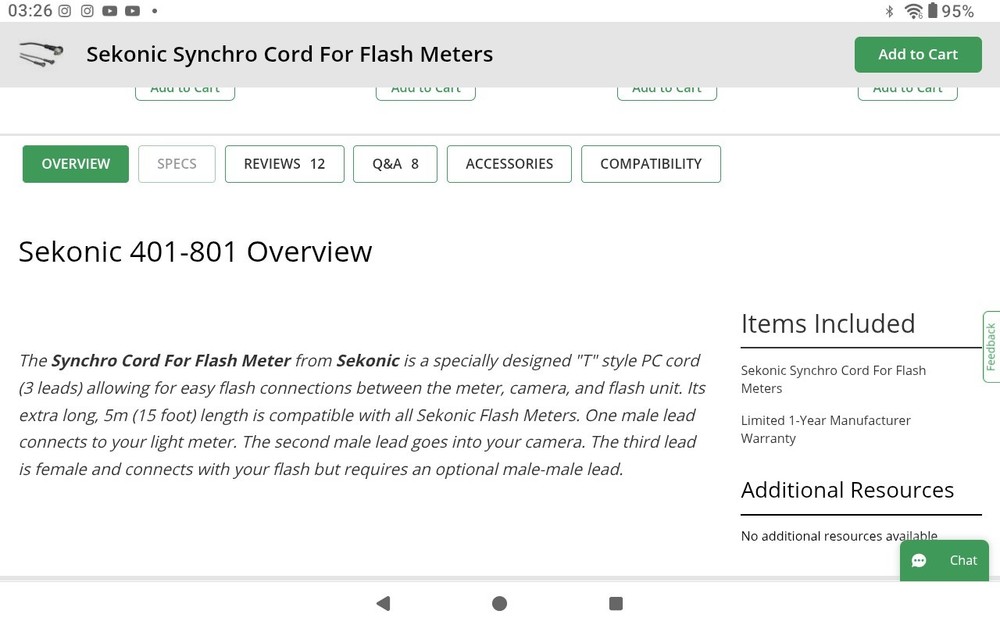 Sekonic T Synchro Cord For Digital flash Meter