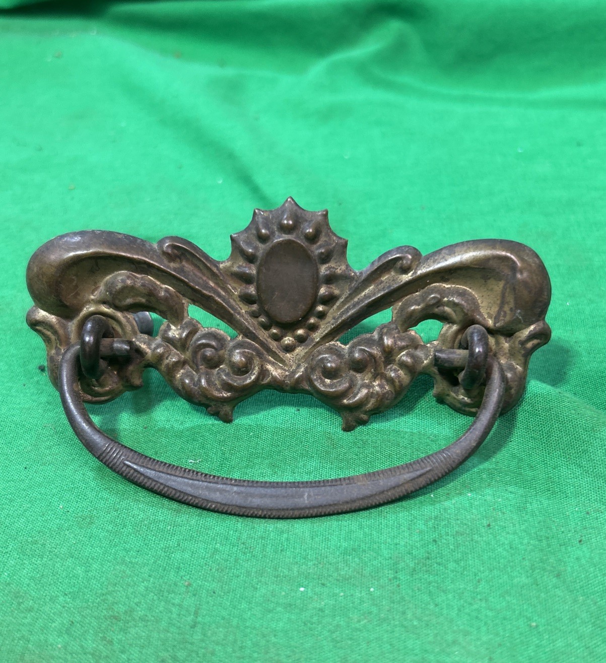 Two ANTIQUE Brass Pressed Drawer Pull Furniture Hardware Circle Metal Bail