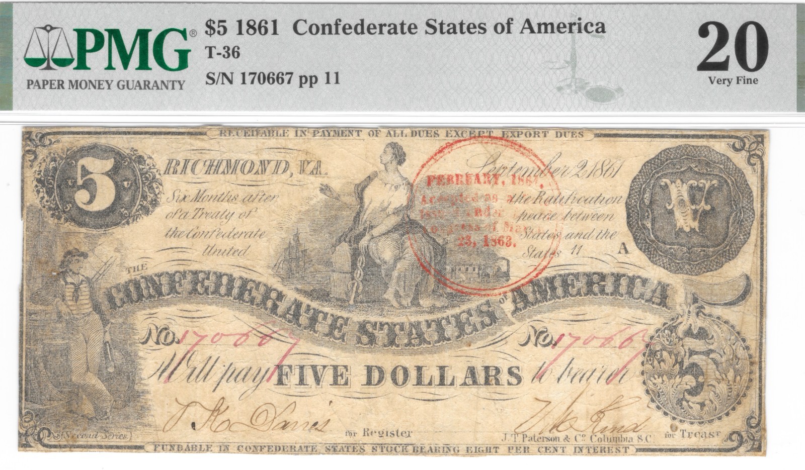 Rare T-36 $5 1861 w/ Red Trans-Mississippi Stamp Confederate PF-4 PMG VF 20 Note