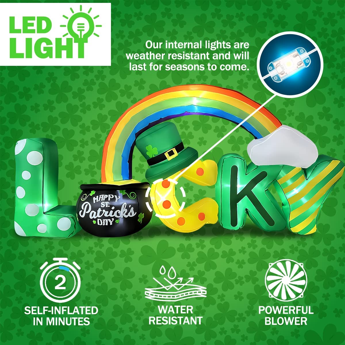 6.5 Ft Long St Patricks Day Inflatables Lucky Letters with Gold Pot and Rainb...