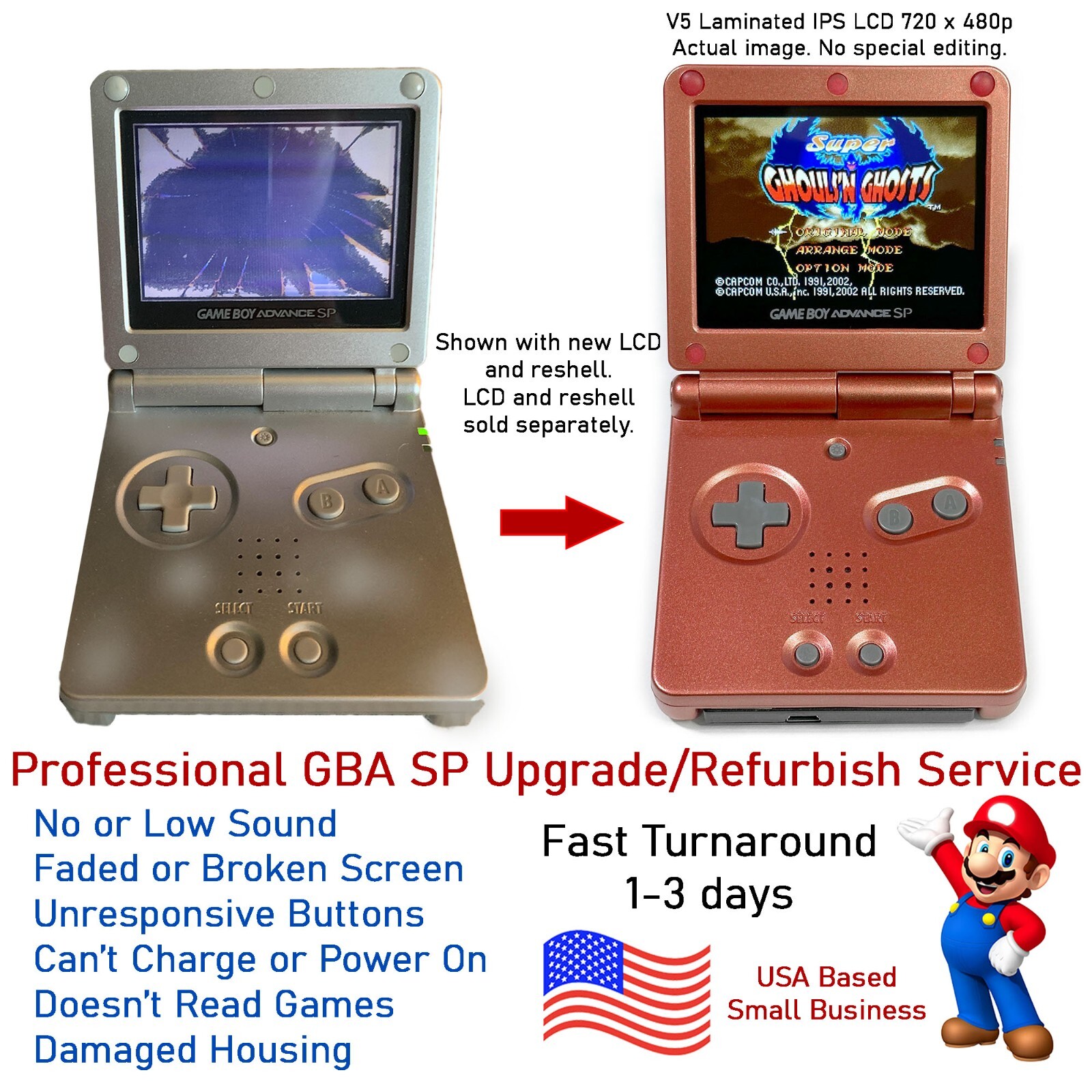 Nintendo Gameboy Advance GBA SP Mail In Repair Service - Replace LCD to V5 IPS