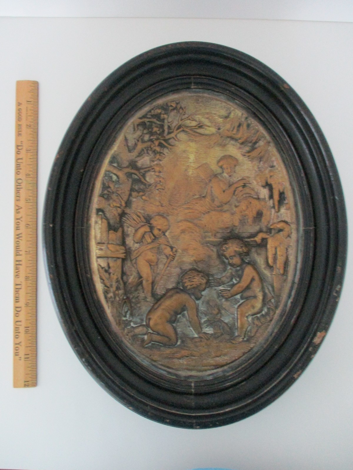 Antique, late 19th C, Neoclassical Patinated Bronze Bas Relief Plaques, Winter