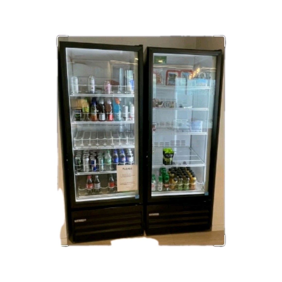 2 Single Glass Door Merchandising Refrigerators Freestanding 2 Sections