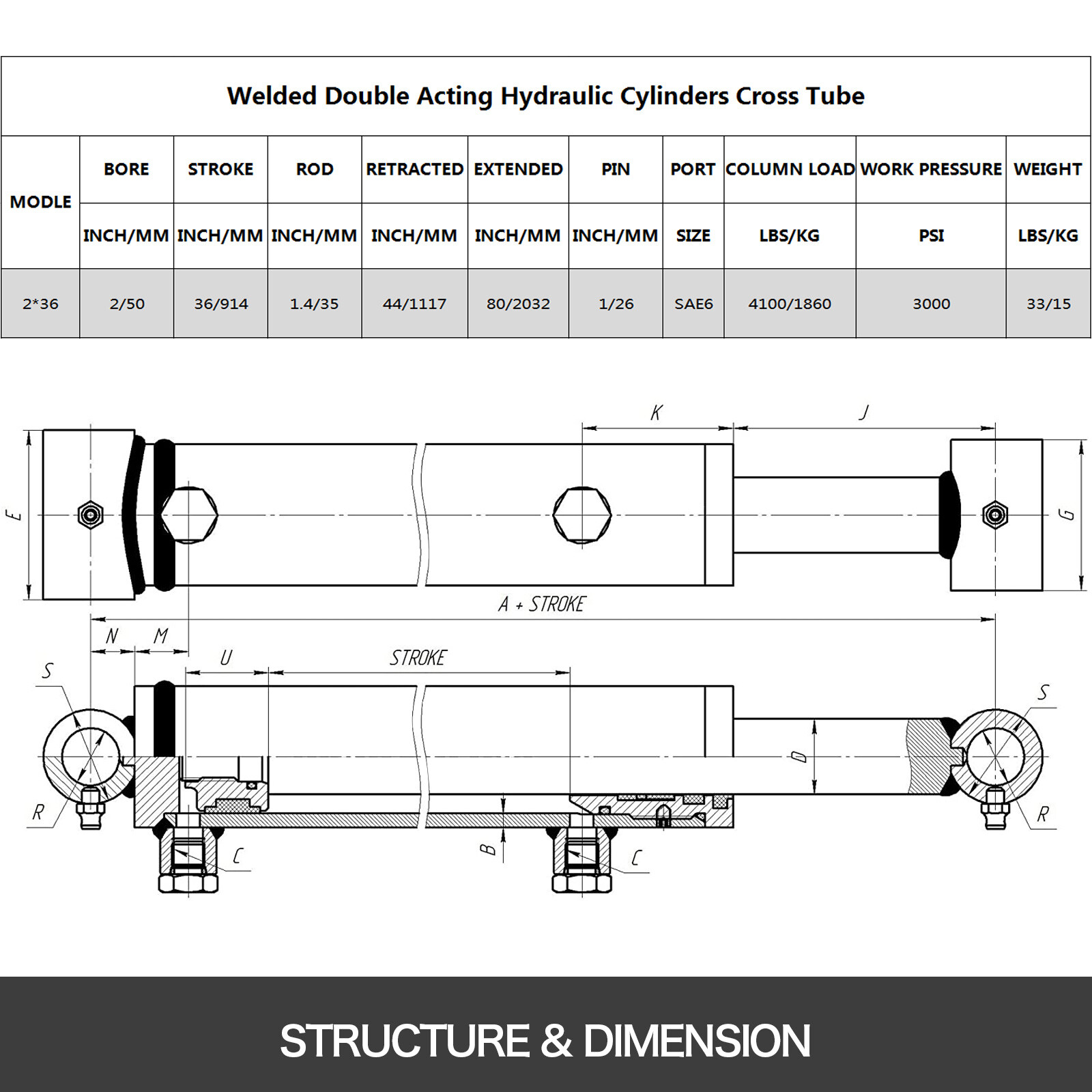 2x36 Hydraulic Cylinder Double Acting 2" Bore 36" Stroke 2500PSI Cylinder