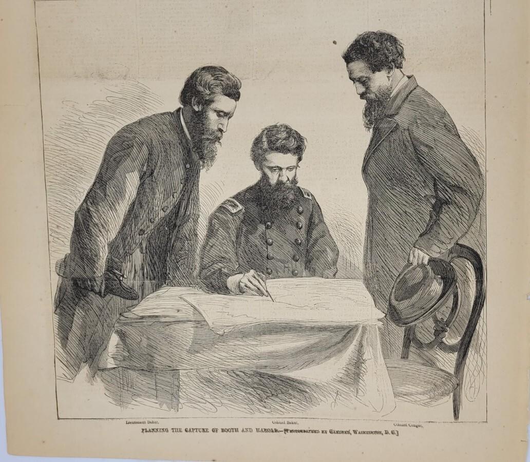 Planning the Capture of Booth / Boston Corbett 1865 vintage print