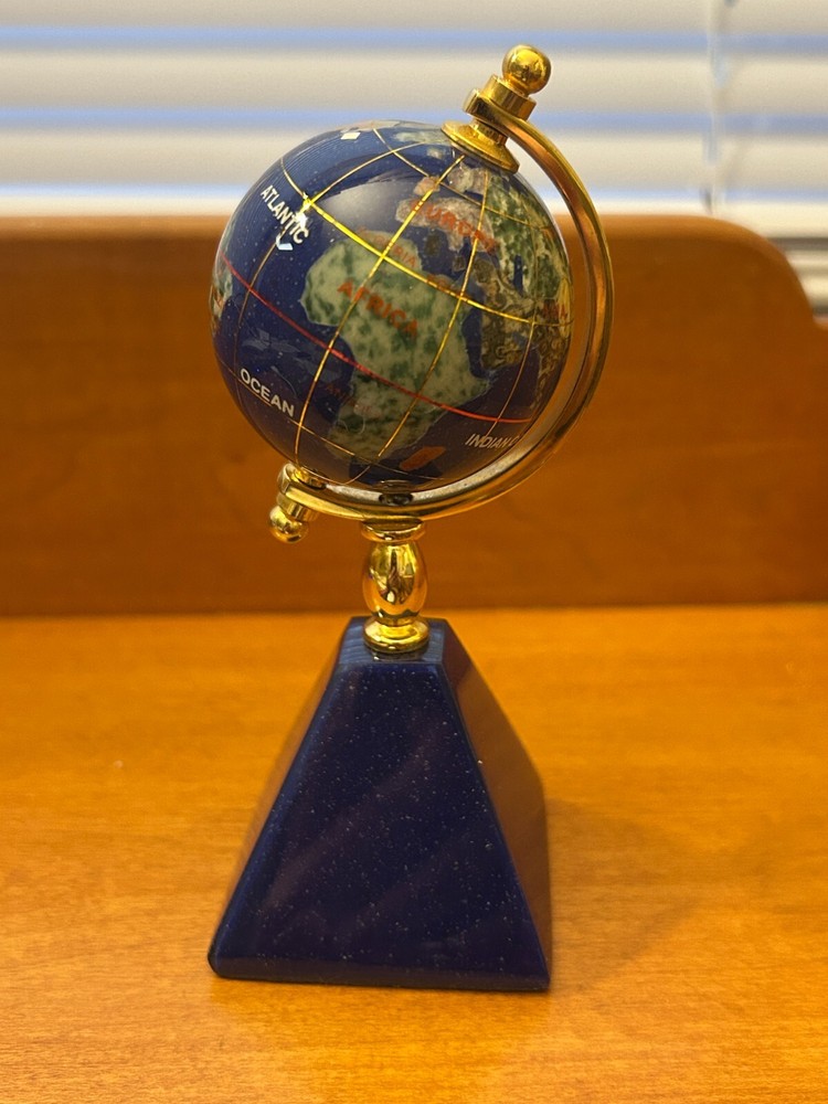 World Globe with Clock Blue Lapis Stone Gemstone 5" Desktop