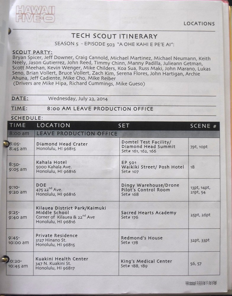 2014 Hawaii Five-O "A ohe kahi A Pe'e ai" Original Script + Shooting Schedule