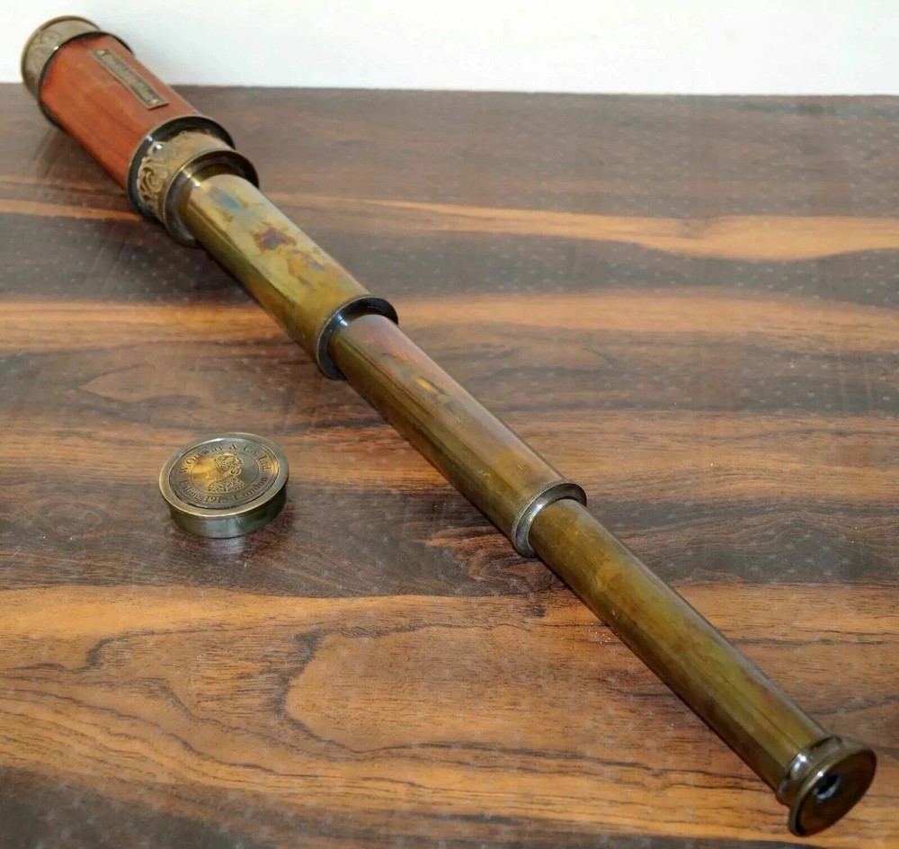 Antique Replica Tabletop Brass Telescope & Compass