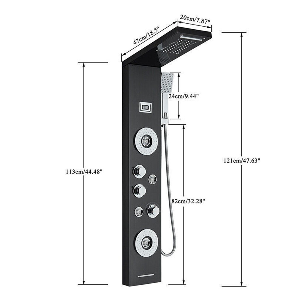 LED Shower Panel Tower System Brushed Black with Handle Massage Jet