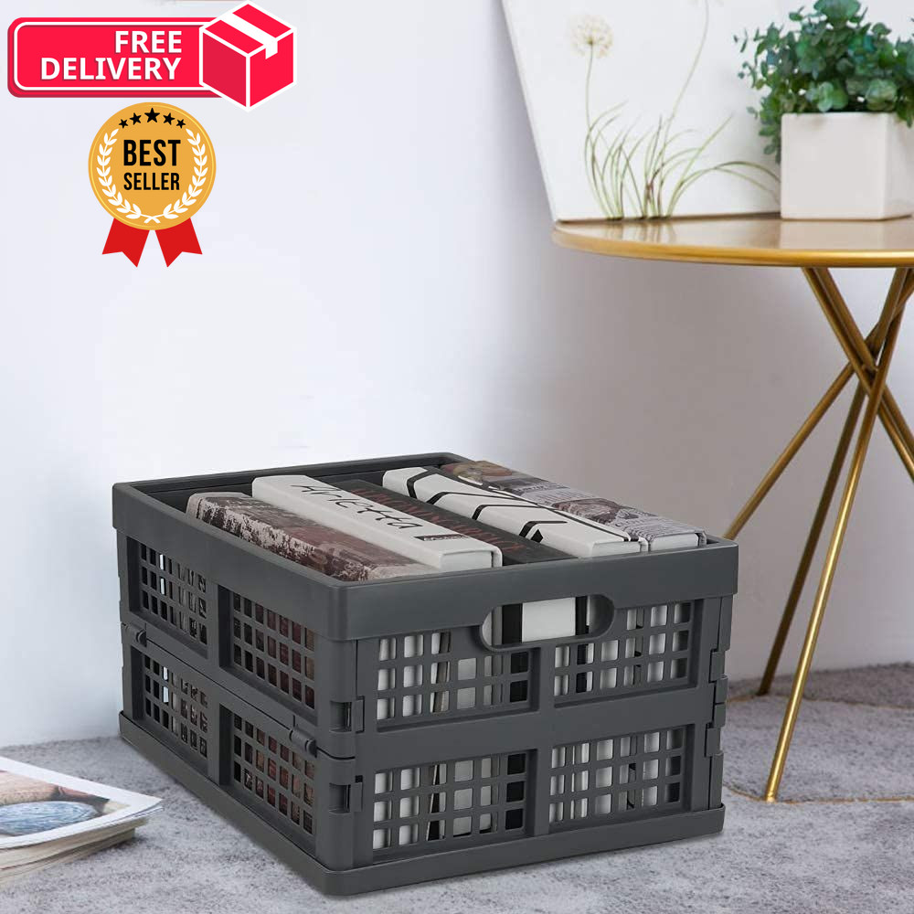 Idotry 3-PACK 15 L Plastic Stacking Folding Storage Crates, 15 L, gray