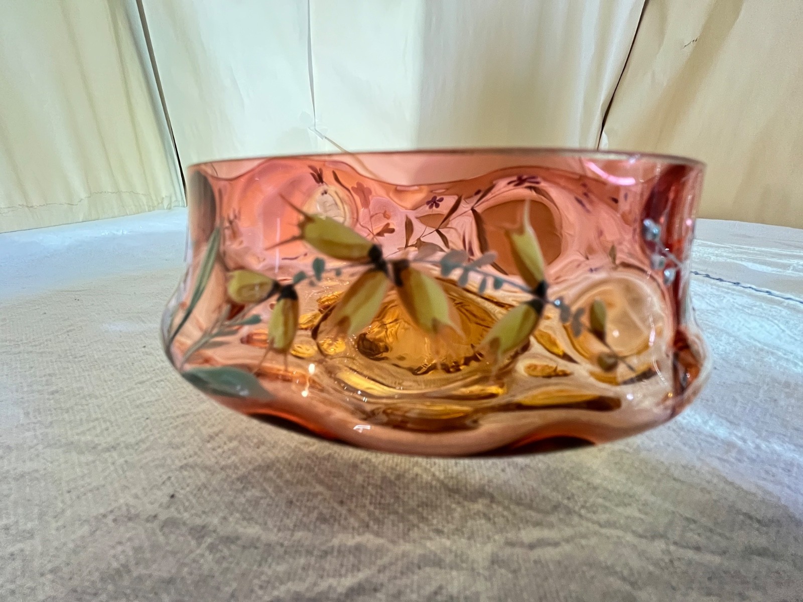 Victorian Enameled Amberina Low Bowl-Floral Sprigs-Victorian-Late 1800’s