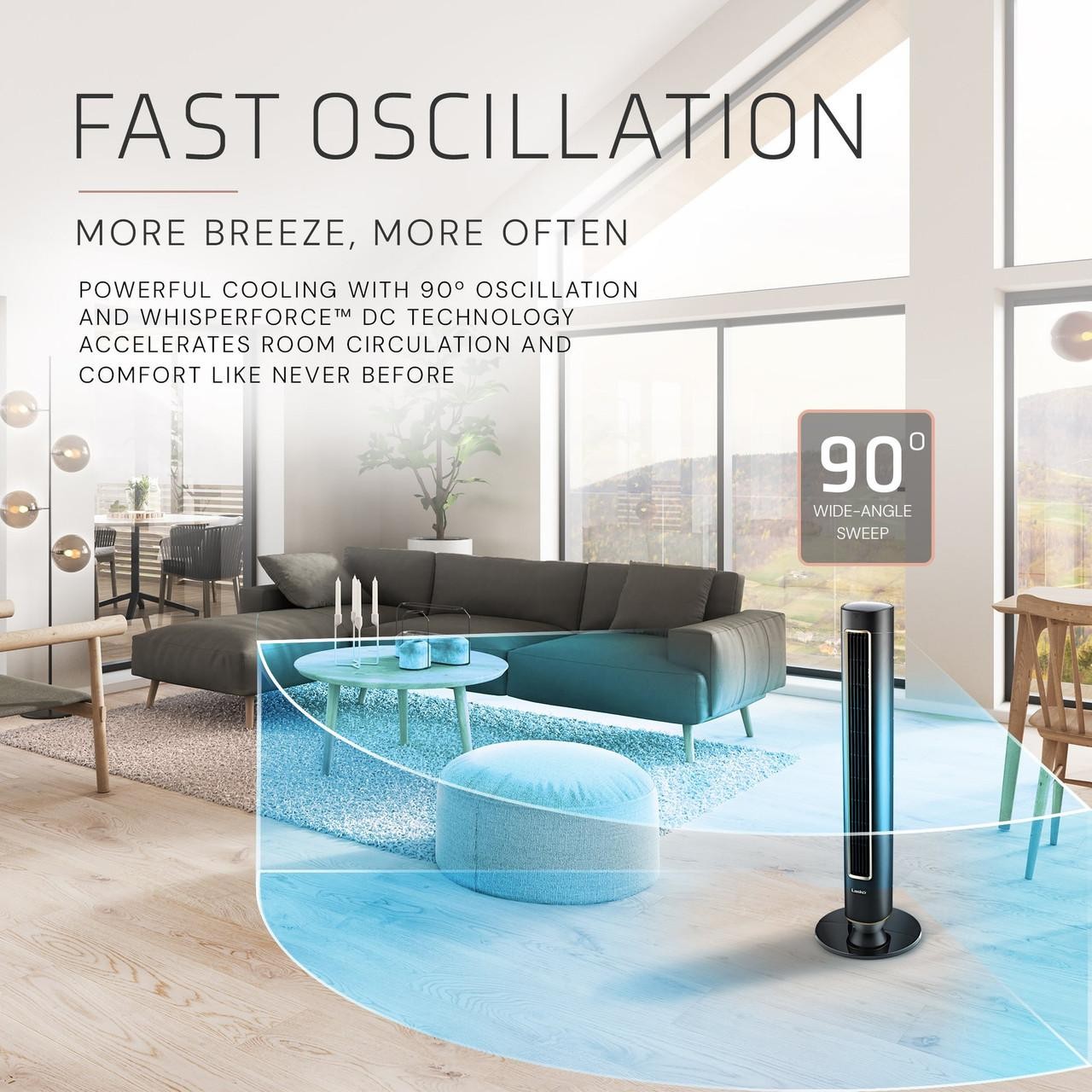 Lasko DST100 Pinnacle 40” Tower Fan 32 ft/s Airflow, Quiet 24dB, 90° Oscillation